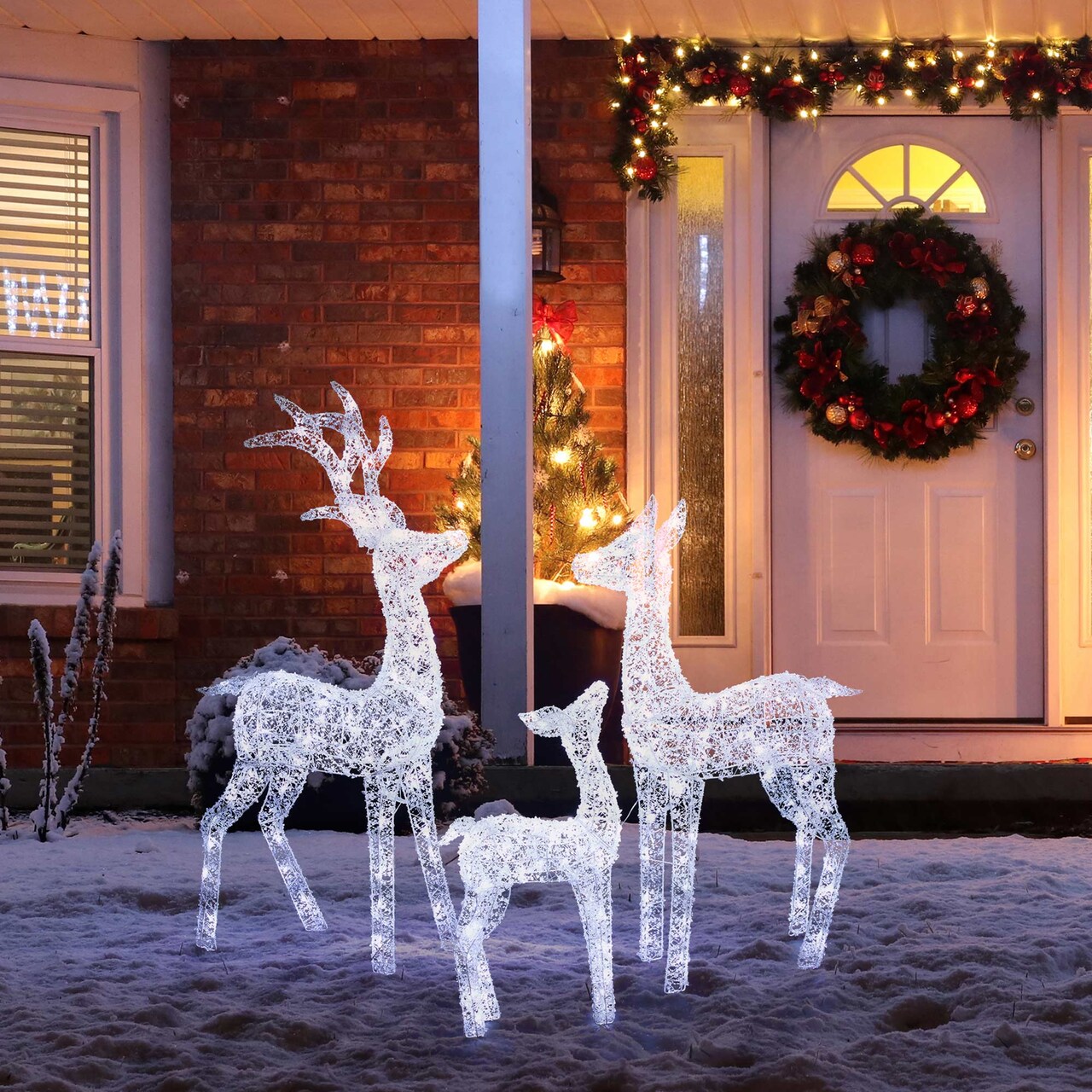Set of 3 Lighted Christmas Crystal White 3D Reindeer Outdoor Décor with 240 White LED Lights